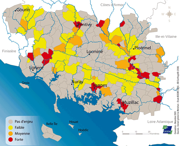 Carte du diagnostic de vulnérabilité aux inondations par commune dans le Morbihan